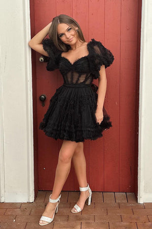 Stylish A Line Off the Shoulder Black Tulle Corset Homecoming Dress