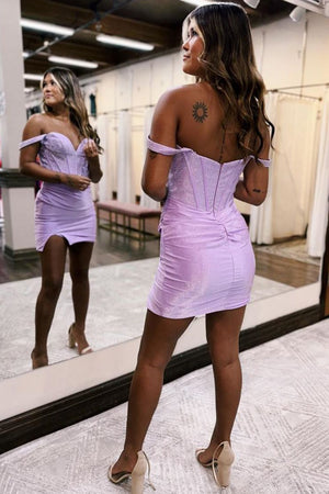 Lilac Bodycon Off The Shoulder Short Beaded Homecoming Dress With Split