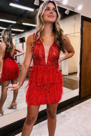 Red V-Neck Beaded Short Homecoming Dress With Feather