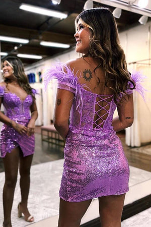 Sequin Off The Shoulder Lace Up-Corset Short Homecoming Dress With Feather