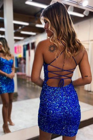 Royal Blue Sequin Spaghetti Straps Lace Up Short Homecoming Dress