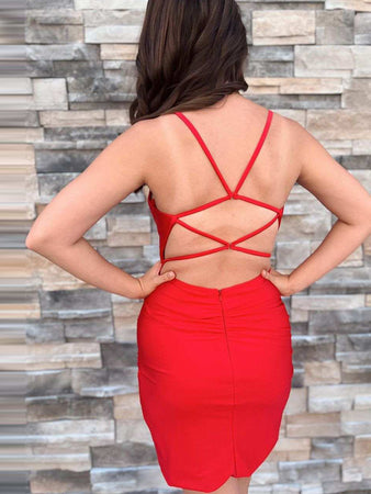 Red Lace Up Back Bodycon Short Homecoming Dress