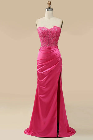 Hot Pink Sweetheart Long Mermaid Satin Prom Dress With Split