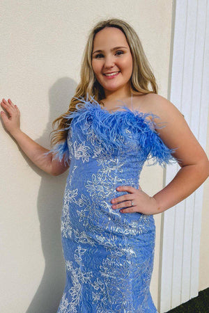 Blue Luxurious Mermaid Strapless Long Prom Dress with Feather
