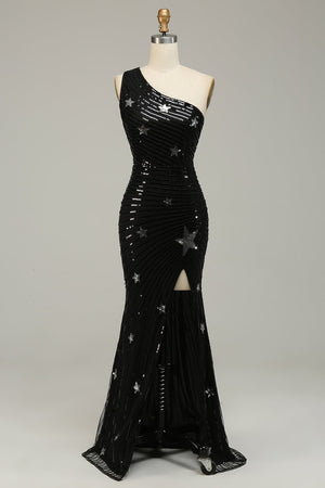 Sparkly Sequins Black Mermaid One Shoulder Long Prom Dress with Stars
