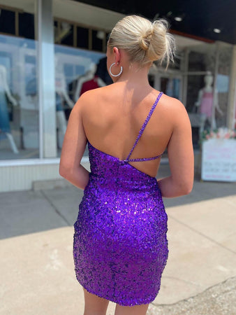 One Shoulder Purple Sparkly Sequin Backless Homecoming Dress