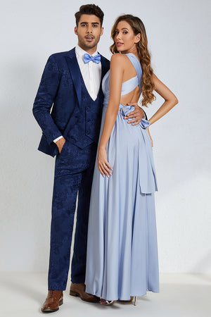 Men's Dark Blue Jacquard Peak Lapel 3-Piece Prom Suits