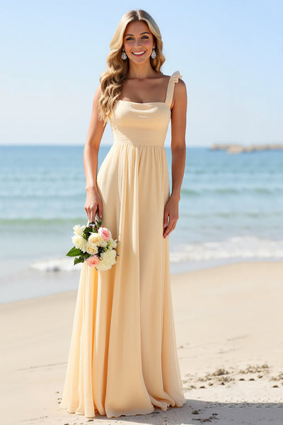 LVNES Women Chiffon Bridesmaid Dress A Line Daffodil Square Neck Long  Wedding Guest Dress – Lvnes