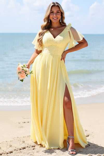 yellow bridesmaid dress LVNES Women Chiffon with Slit A Line Flutter Sleeve V-Neck Long Wedding Guest Dress – Lvnes weeknd ZARA SIZE S, M, Do Not Bleach Color:Emerald/Gold
