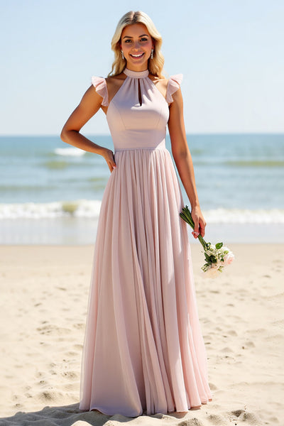 LVNES Women Halter Candy Pink Bridesmaid Dress A Line Long Wedding Guest  Dress with Hollow Out – Lvnes