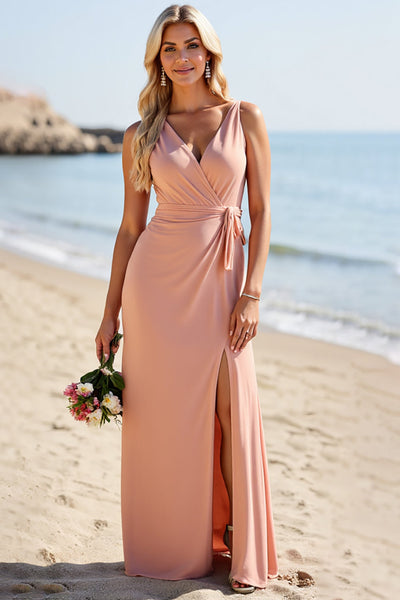 v neck blush bridesmaid dress B213056 Poly Chiffon Long Bridesmaid Dress with V-neckline