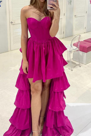 Asymmetrical High-Low Hot Pink Sweetheart Satin Prom Party Dress