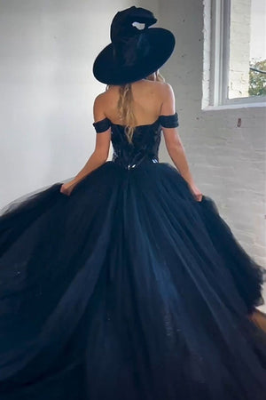 Black A-Line Off The Shoulder Long Mirror And Tulle Prom Dress With Split