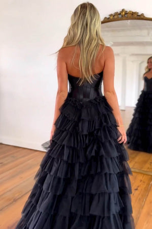 Black A-Line Sweetheart Long Ruffle Tulle Prom Dress With Split