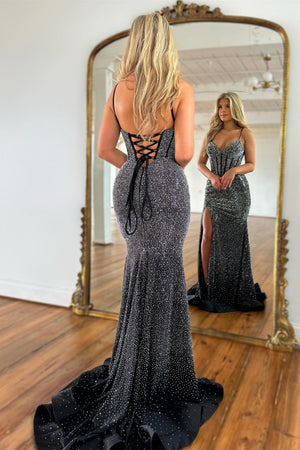 Black Sparkly Mermaid Spaghetti Strap Lace Up Long Beaded Prom Dress