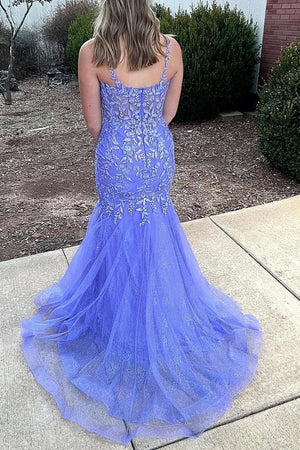 Blue Spaghetti Straps Zipper Back Mermaid Tulle Prom Dress With Appliques