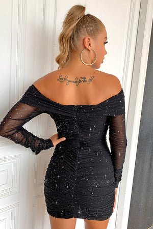 Black Off The Shoulder Sparkly Ruched Bodycon Homecoming Dress