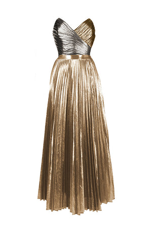 Gold A-Line Strapless Long Cocktail Party Dress With Pleating