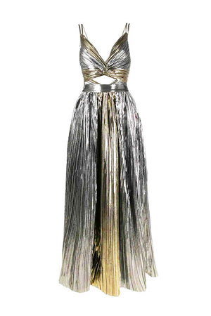 Silver A-Line Double straps Long Cocktail Party Dress With Pleating