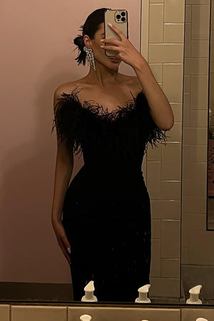 Elegant Bodyxon Strapless Long Tight Cocktail Party Dress With Feather