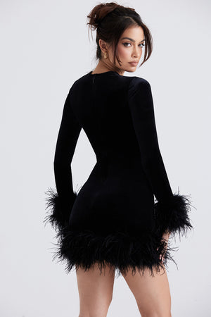 Black Long Sleeves Short Tight Cocktail Party Dress With Feather