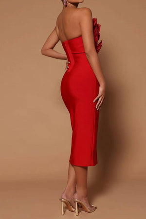 Bodycon Strapless Tea Length Cocktail Party Dress With Feather