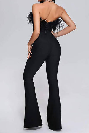 Black Strapless Long Cocktail Jumpsuit With Feather