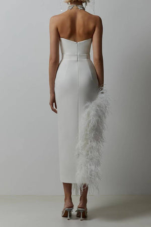 Long Elegant Strapless Cocktail Party Dress With Feather