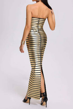 Gold Horizontal Stripes Strapless Long Cocktail Party Dress