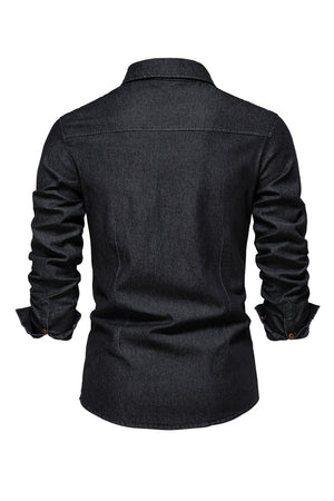 Men's Black Button Down Slim Fit Long Sleeve Denim Shirt