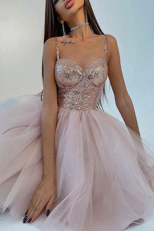 A Line Pink Sparkly Sequin Tulle Short Homecoming Dress