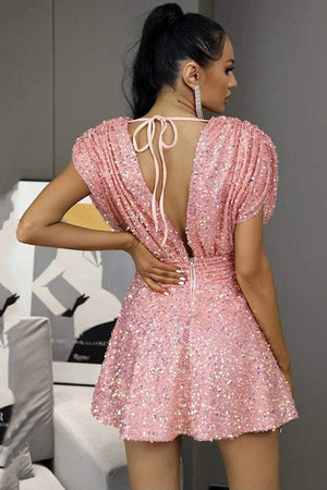 A Line Pink Deep V-Neck Sparkly Sequin Homecoming Dress