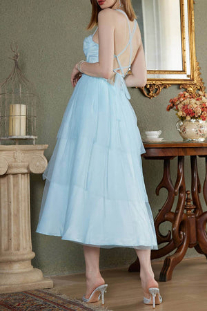 Blue A Line Lace-up Back Tulle Long Cocktail Dress