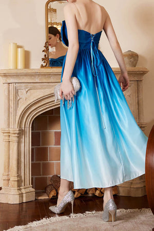 Blue Sweetheart Ombre Long Cocktail Dress With Bowknot