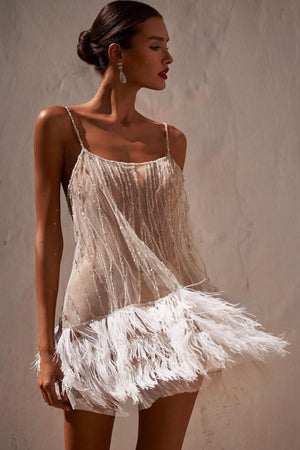 White Glitter Spaghetti Straps Short Homecoming Dress With Feather