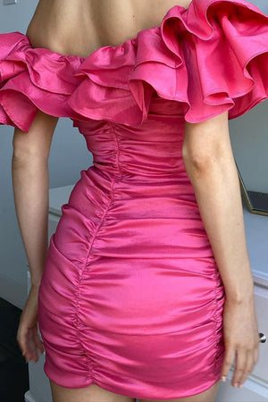 Pink Off the Shoulder Ruched Bodycon Homecoming Dress With Ruffles