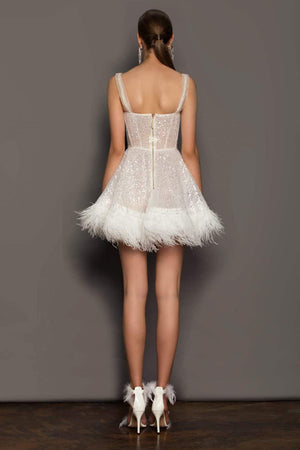 White A Line Sparkly Sequin Short Homecoming Dress With Feather
