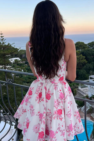 Pink A Line Floral Short Homecoming Dress