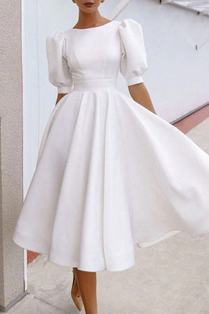 White A Line Puff Sleeves Open Back Cocktail Dress