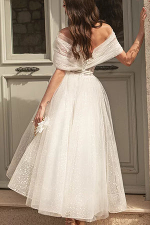 White Tulle Off the Shoulder A Line Wedding Party Dress
