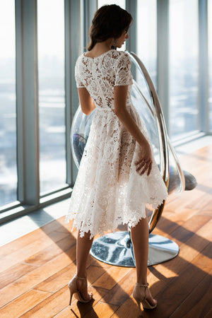 White A Line Short Sleeves Lace Midi Party Dress