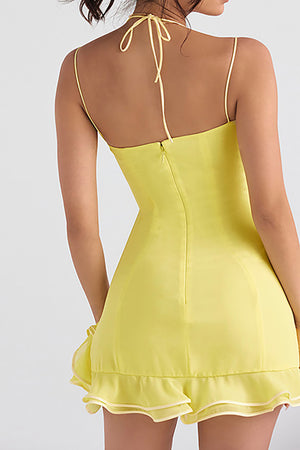 Yellow Spaghetti Straps Bodycon Short Cocktail Dress With Ruffles