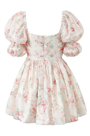 Floral Printed Light Pink A-Line Puff Sleeves Homecoming Dress