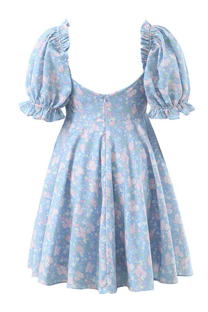 Blue Floral Printed A-Line Puff Sleeves Homecoming Dress