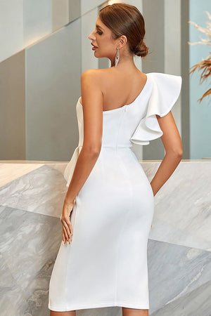 White One Shoulder Bodycon Midi Cocktail Dress With Ruffles