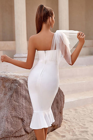 White One Shoulder Tulle Tight Midi Dress With Ruffles