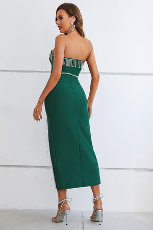 Green Strapless Bodycon Cocktail Dress With Slit