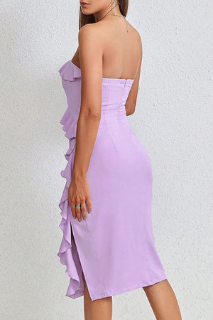 Purple Strapless Bodycon Cocktail Dress With Ruffles