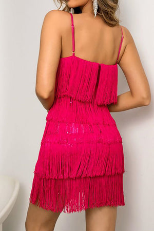 Fuchsia Spaghetti Straps Short Party Dress With Fringes