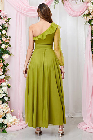 Green One Shoulder Ruffled Long Cocktail Dress With Slit